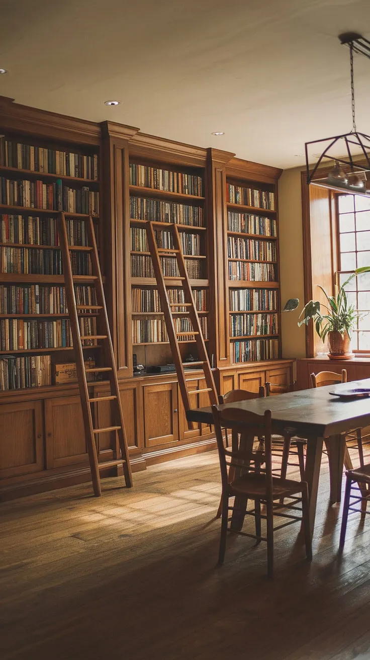 This charming dining room combo seamlessly integrates a home library, showcasing a beautiful example of library design. The rustic wooden table and chairs are perfectly complemented by the built-in bookshelves, a leaning ladder, and a leafy green plant near the window. This space offers the best of both worlds—a cozy dining room and a functional, inviting home library, making it an ideal dining room office.
