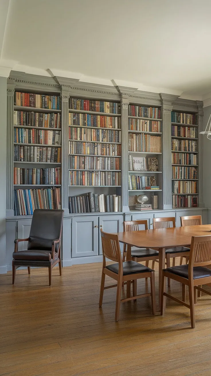 A sophisticated dining room library combo seamlessly blends the pleasures of dining and reading. The rich wooden dining table and chairs invite conversation, while the expansive bookshelf, overflowing with literary treasures, and comfortable reading chair offer a quiet retreat. This home library design perfectly integrates functionality and style, creating a space where both work and relaxation thrive. The soft gray walls and wooden floors enhance the overall ambiance of this unique dining room office.