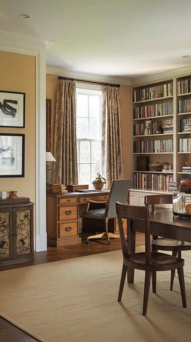 This traditional home office seamlessly blends into a stylish dining room, creating a functional and inviting dining room office combo. The interior design office space features a comfortable desk and chair, a well-stocked bookshelf, and a warm color palette, all complemented by the elegant wooden dining table and chairs. The result is a sophisticated home office dining room that maximizes space without sacrificing style.