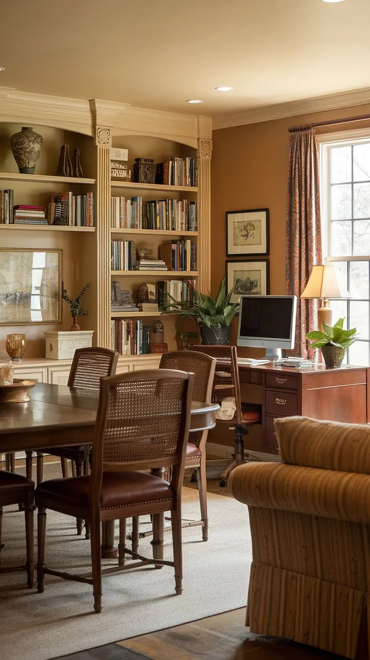 Blending work and warmth, this stylish dining room seamlessly integrates a traditional home office. The dining room office combo offers a sophisticated interior design office space, perfect for those who value both productivity and comfort.