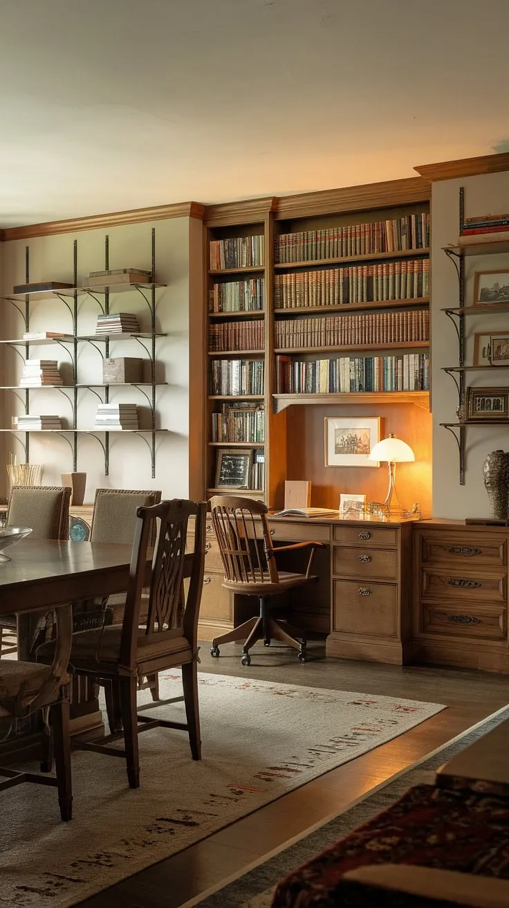 Warm lighting illuminates this stylish dining room, seamlessly integrated with a traditional home office. The wooden desk, bookshelf, and comfortable chair create a functional yet inviting office in dining room space, showcasing clever interior design office space solutions in this home office dining room combo.