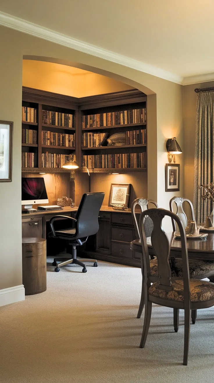 A charming home office dining room showcases the beauty of a well-designed office in dining room. This dining room office combo offers both practicality and elegance, a testament to thoughtful interior design office space in a traditional home office setting.