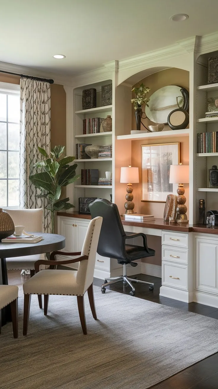This traditional home office seamlessly blends into a stylish dining room, creating a functional and elegant dining room office combo. The interior design office space features a dedicated desk and bookshelves, while the round dining table provides a welcoming space for meals. The thoughtful arrangement showcases how to successfully integrate an office in dining room without sacrificing style or comfort.