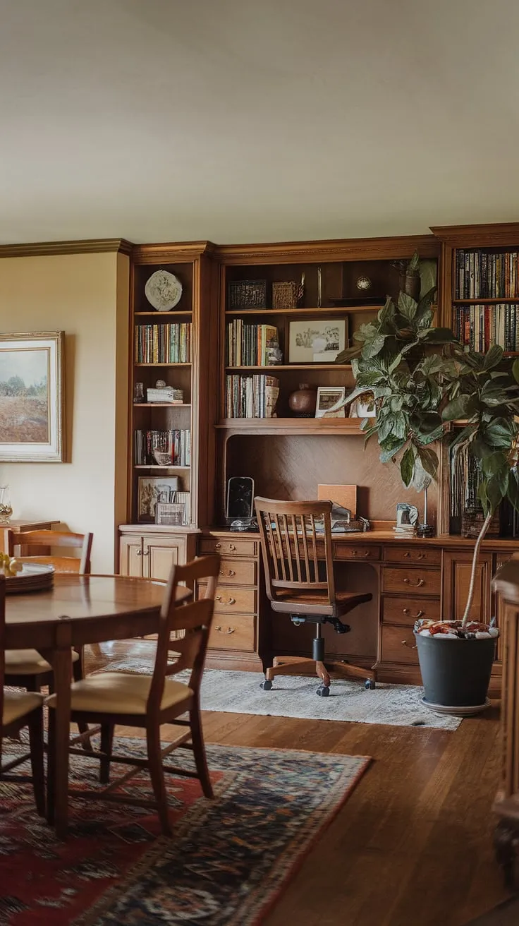Warmth and functionality blend seamlessly in this stylish dining room, where a traditional home office finds its perfect spot. This dining room office combo showcases clever interior design office space solutions.