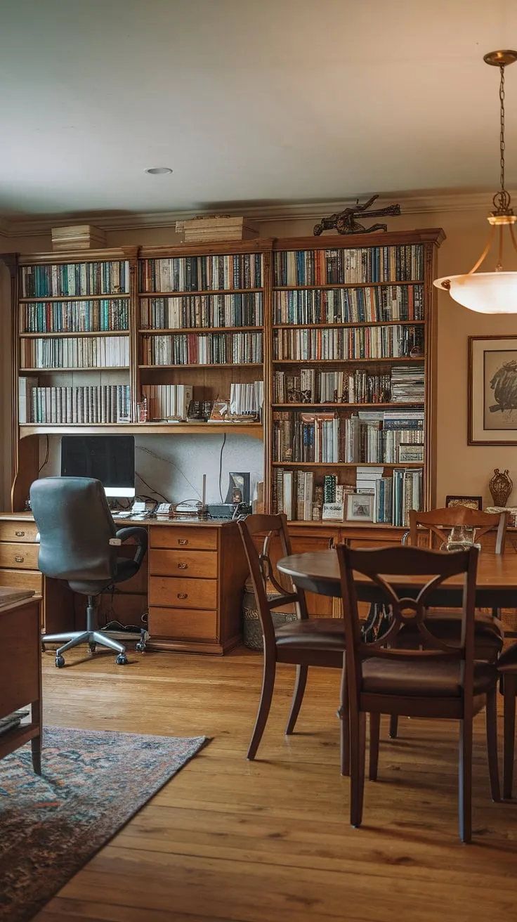 The ultimate home office dining room: a traditional home office tucked elegantly into a stylish dining room. This office in dining room design proves that functionality and beauty can coexist beautifully.