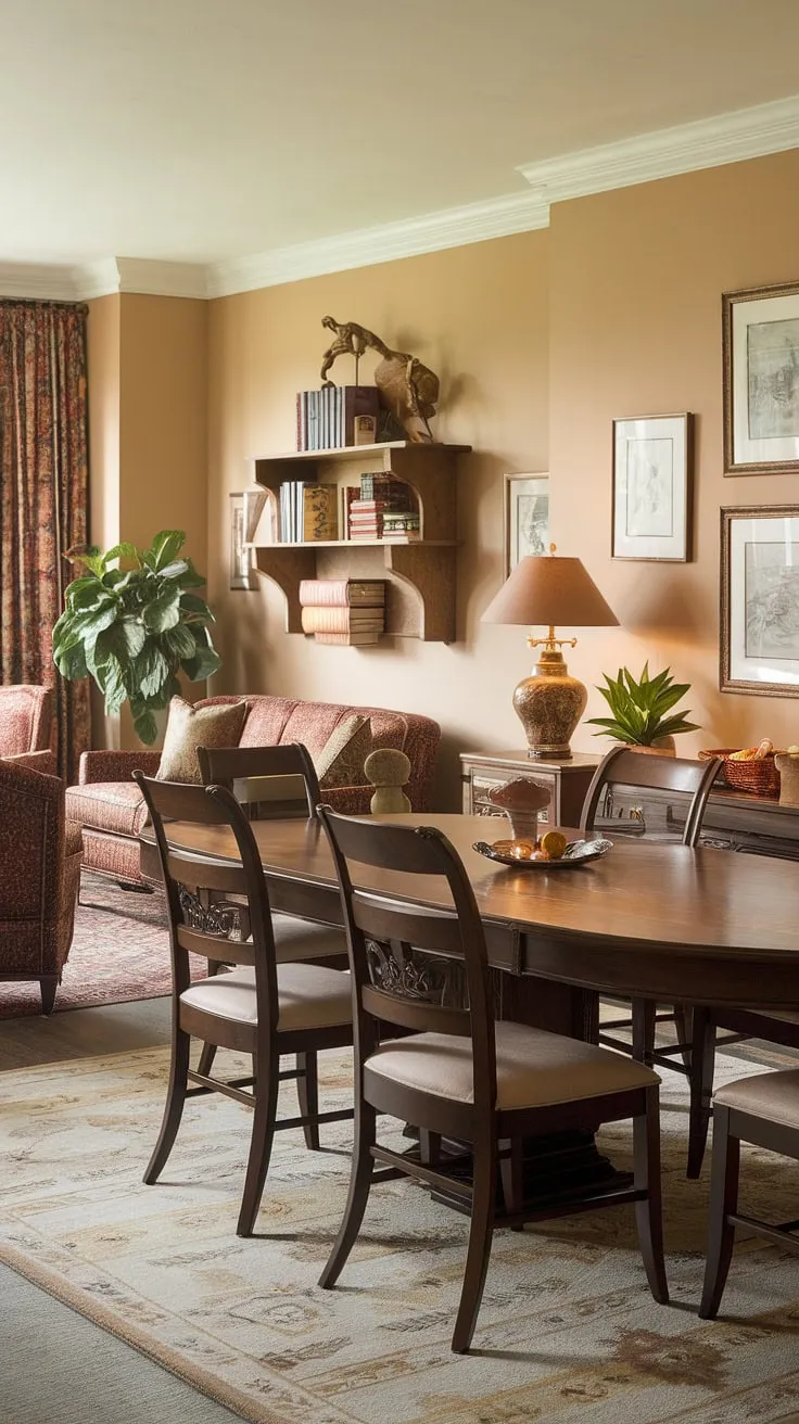 Warmth and functionality blend seamlessly in this traditional home office, cleverly integrated into a stylish dining room. The wooden dining table anchors the space, effortlessly transitioning between work and dining, showcasing a sophisticated interior design office space. A comfortable seating area completes the home office dining room combo, creating a versatile and inviting atmosphere.