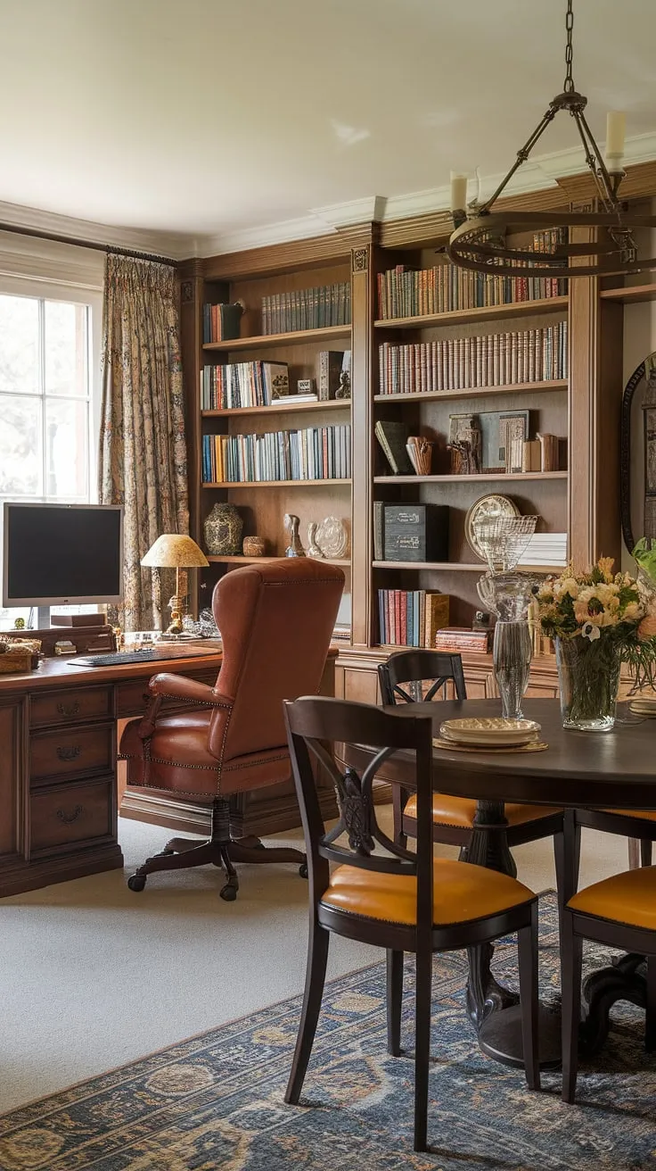 Where work meets warmth. This dining room office combo seamlessly blends traditional home office style with a stylish dining room, creating the perfect interior design office space.
