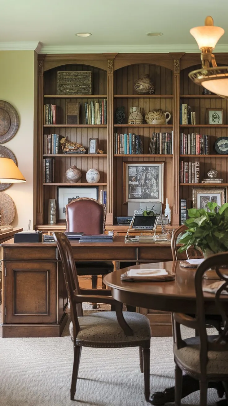 A clever office in dining room design showcases the beauty of a multi-functional space. This interior design office space boasts a traditional home office feel with its wooden desk and well-stocked bookshelf, yet effortlessly integrates into a stylish dining room with its elegant table and warm lighting. The home office dining room is a testament to efficient and aesthetically pleasing design.