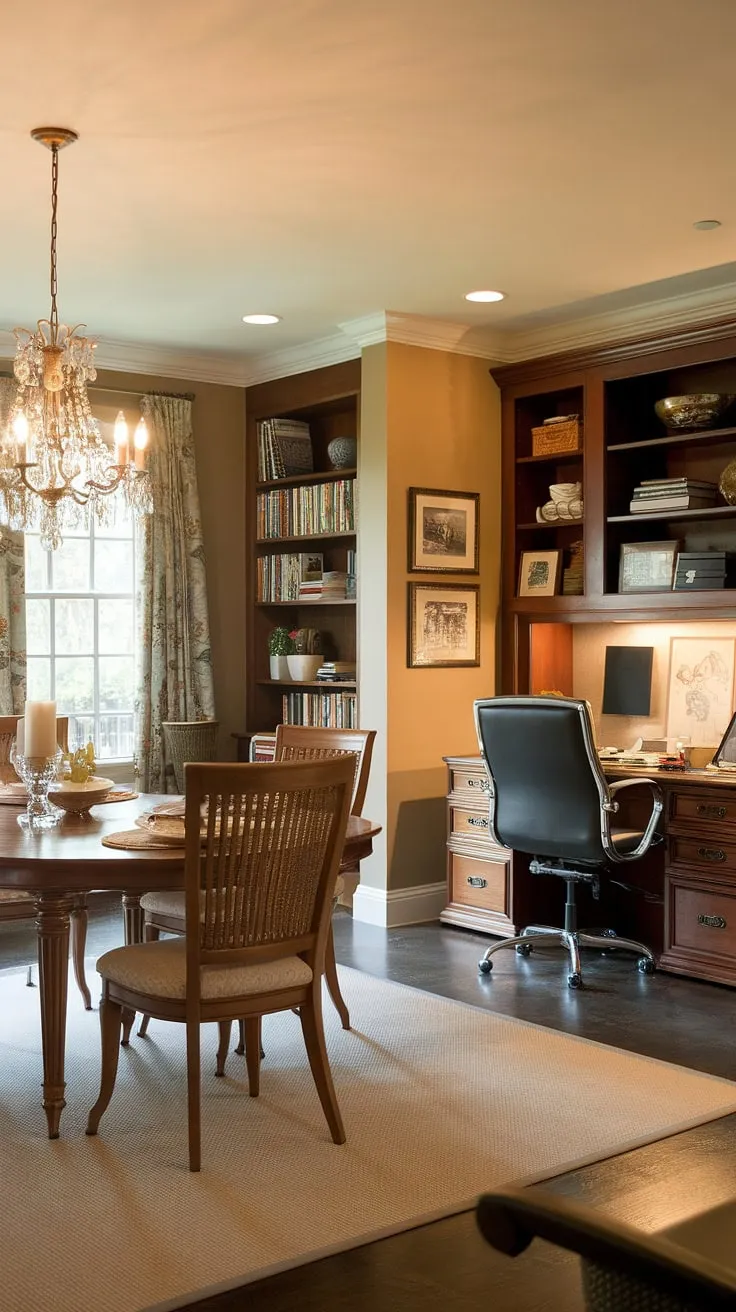 Warm lighting illuminates this stylish dining room, seamlessly integrated with a functional home office. The traditional home office features a dedicated desk and filing cabinet, while the dining area boasts a classic wooden table and chairs under a beautiful chandelier. This clever dining room office combo showcases smart interior design office space solutions for a comfortable and productive work-from-home environment.