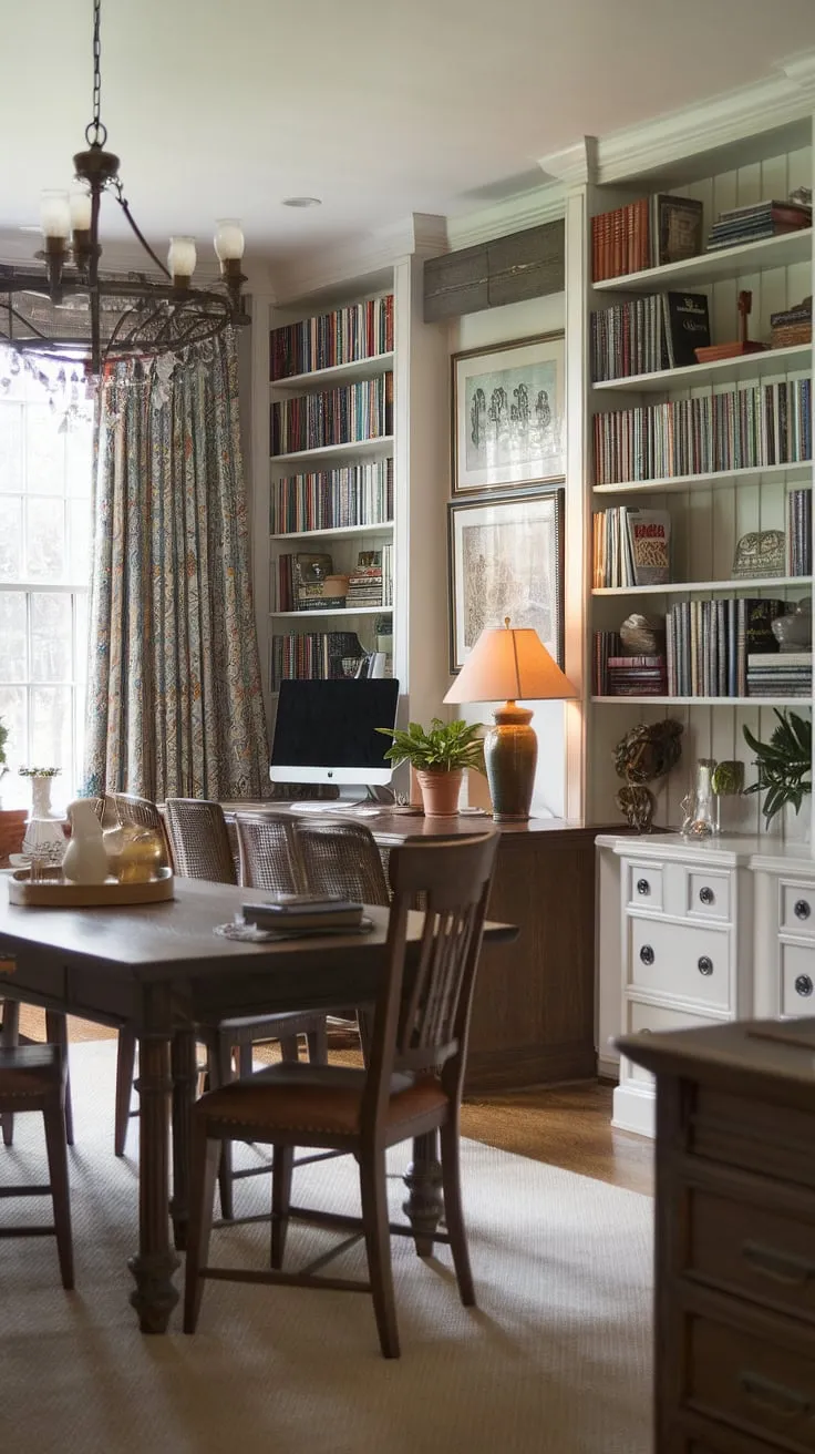 Where work meets warmth. This stylish dining room seamlessly integrates a traditional home office, creating the perfect blend of productivity and comfort in a stunning interior design office space. The home office dining room combo is a testament to efficient and elegant living.