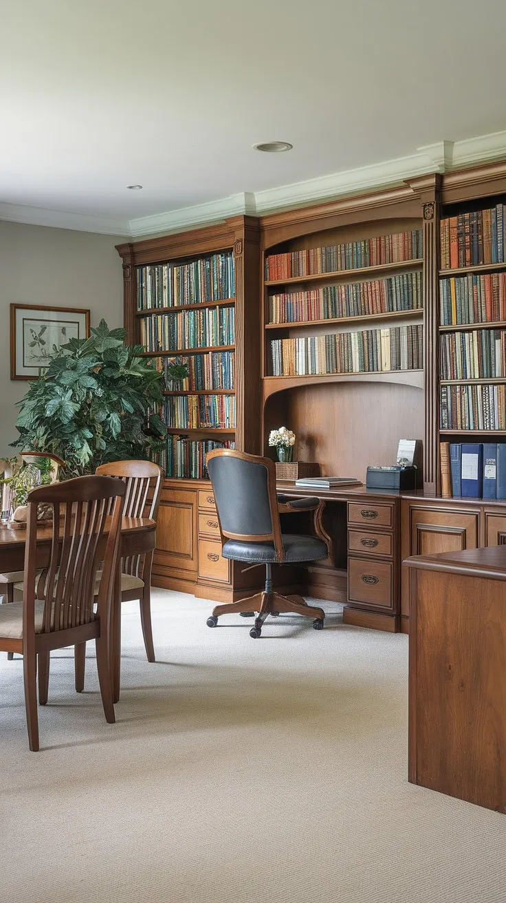 Blending practicality and style, this dining room office combo seamlessly integrates a traditional home office into a stylish dining room. The interior design office space offers a functional yet elegant workspace.