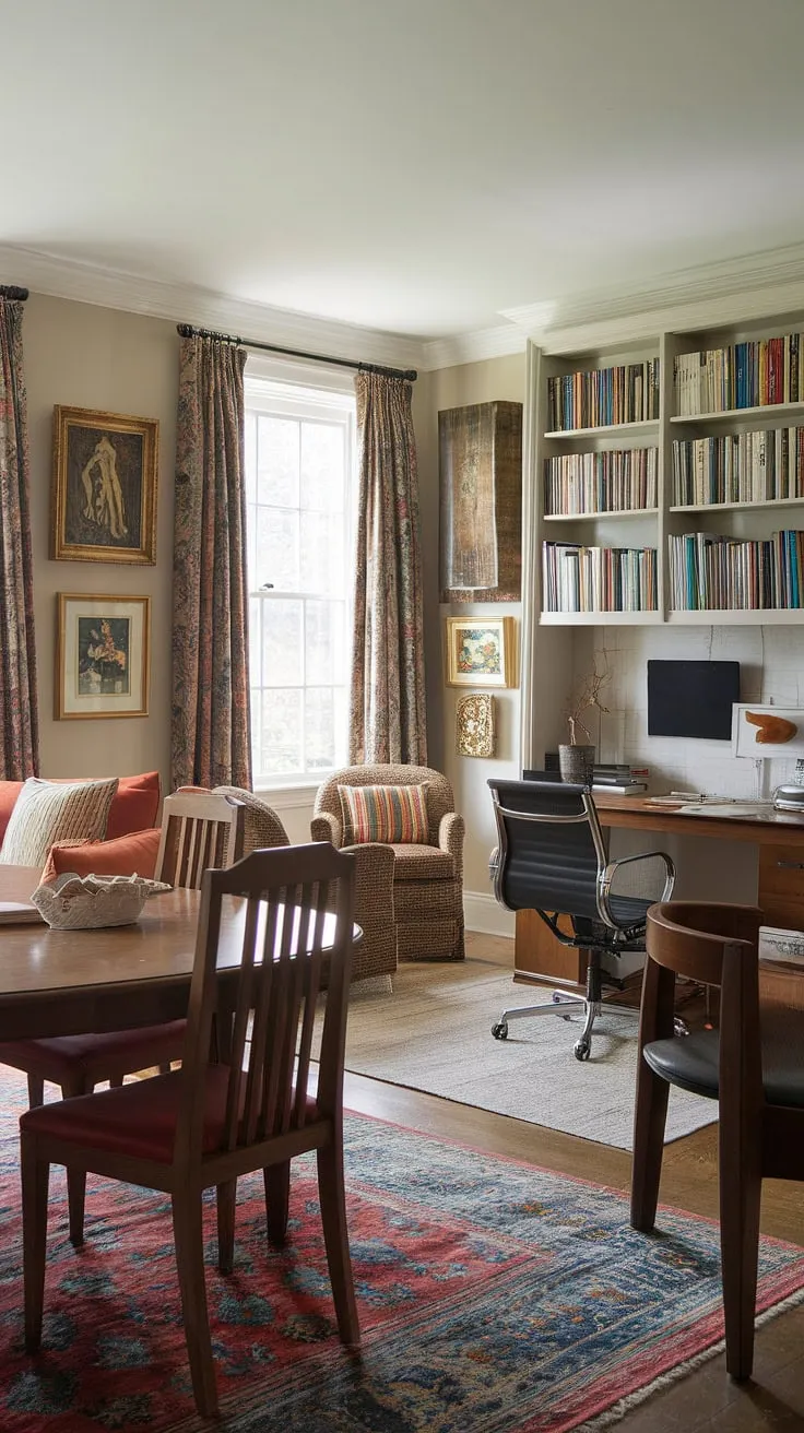 Where traditional elegance meets productive work. This stylish dining room seamlessly integrates a home office, creating a sophisticated dining room office combo perfect for modern living. The interior design office space is both functional and beautiful.