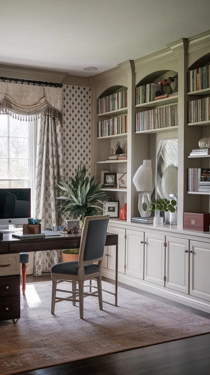 This home office dining room showcases how a traditional home office can seamlessly integrate into a stylish dining room, creating a unique office in dining room design.