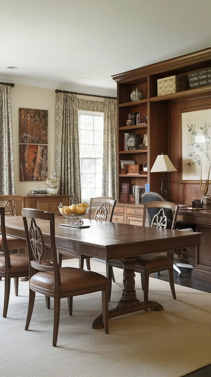 Blending work and warmth seamlessly: this traditional home office dining room combo offers a stylish dining room and efficient interior design office space, proving that an office in dining room can be both productive and beautiful.