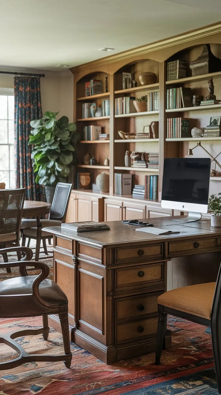 A home office dining room solution that's both practical and beautiful. This traditional home office, nestled within a stylish dining room, offers a unique and efficient office in dining room design.