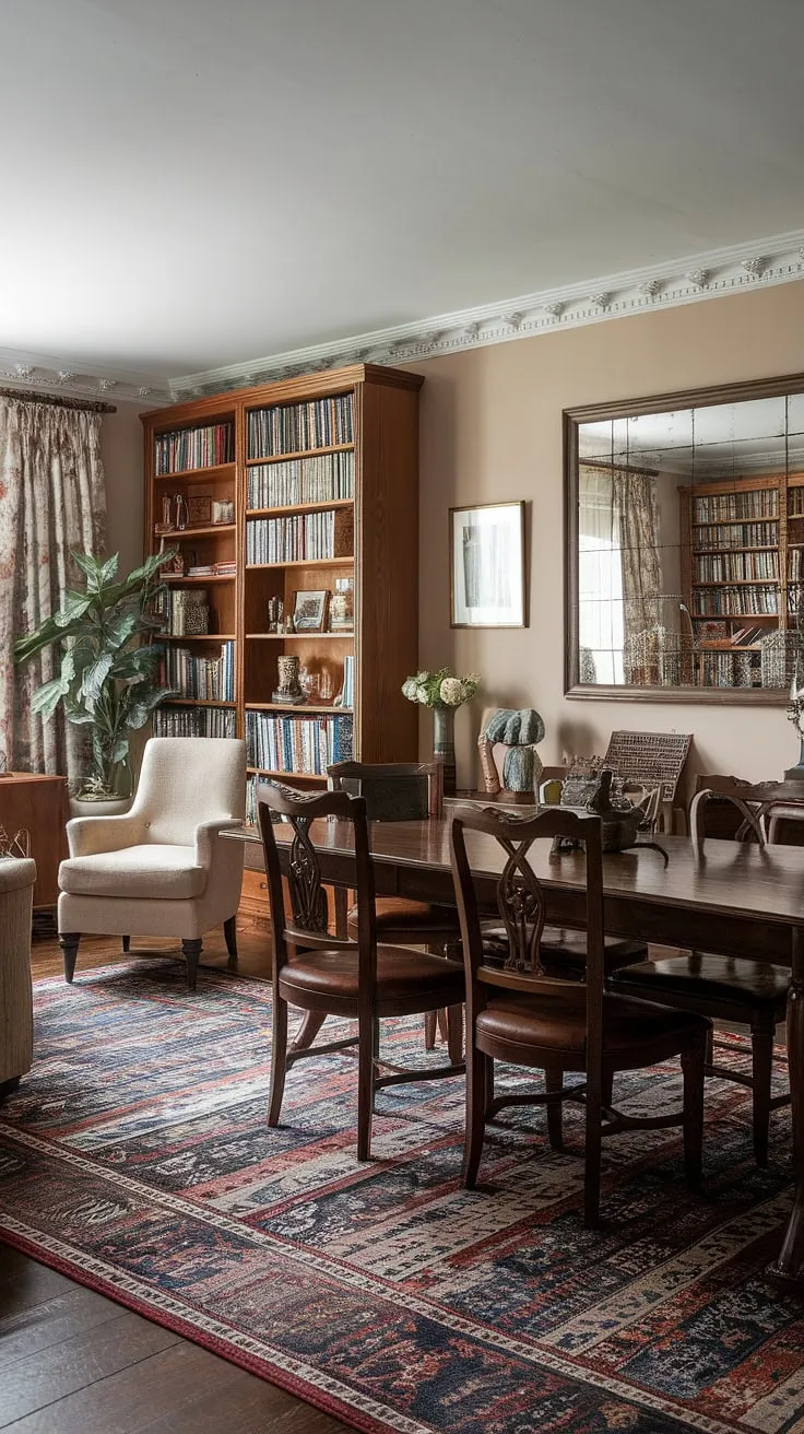 This stylish dining room seamlessly integrates a traditional home office, creating a functional and elegant dining room office combo. The interior design office space, tucked neatly beside the wooden dining table and six chairs, features a comfortable armchair and a built-in bookshelf, all enhanced by a large mirror and patterned rug.