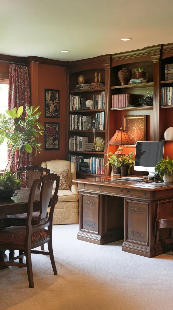 Blending practicality and style, this dining room office combo seamlessly integrates a traditional home office into a stylish dining room. The interior design office space offers both comfort and functionality.