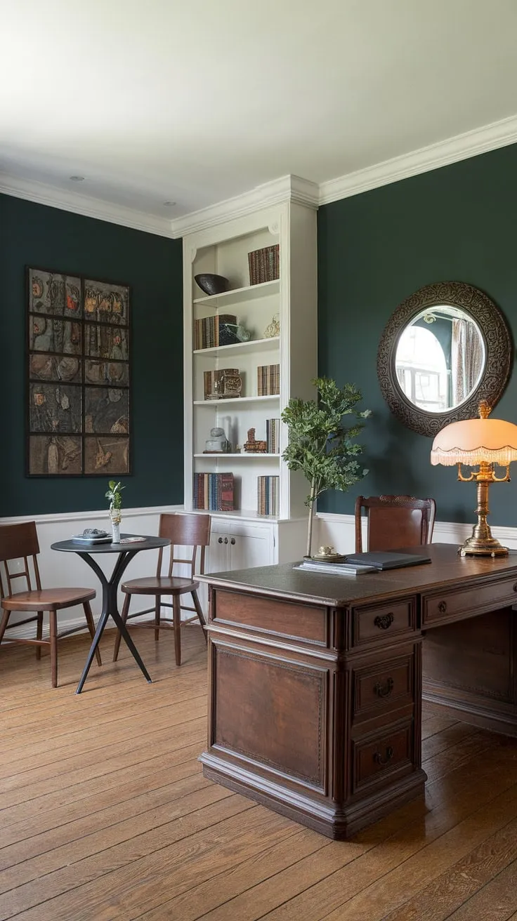 A stylish dining room seamlessly blends with a traditional home office, creating a functional and elegant dining room office combo. The interior design office space maximizes every inch.