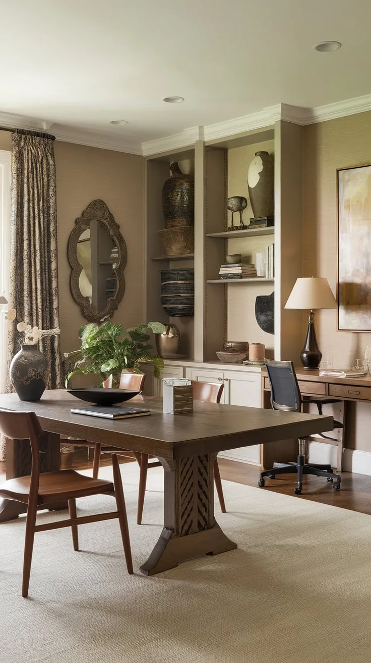 Where work meets warmth. This stylish dining room seamlessly integrates a traditional home office, creating the perfect dining room office combo. The interior design office space is both functional and inviting.