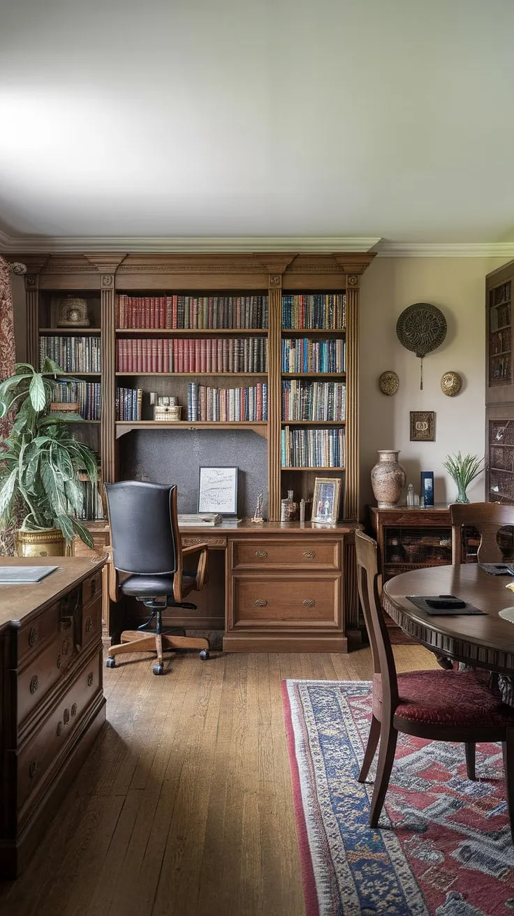 This traditional home office seamlessly blends into a stylish dining room, creating a functional and aesthetically pleasing dining room office combo. The interior design office space, complete with a wooden desk, comfortable chair, and well-stocked bookshelf, effortlessly shares the room with a charming wooden dining table and chairs. A potted plant adds a touch of life to this home office dining room.