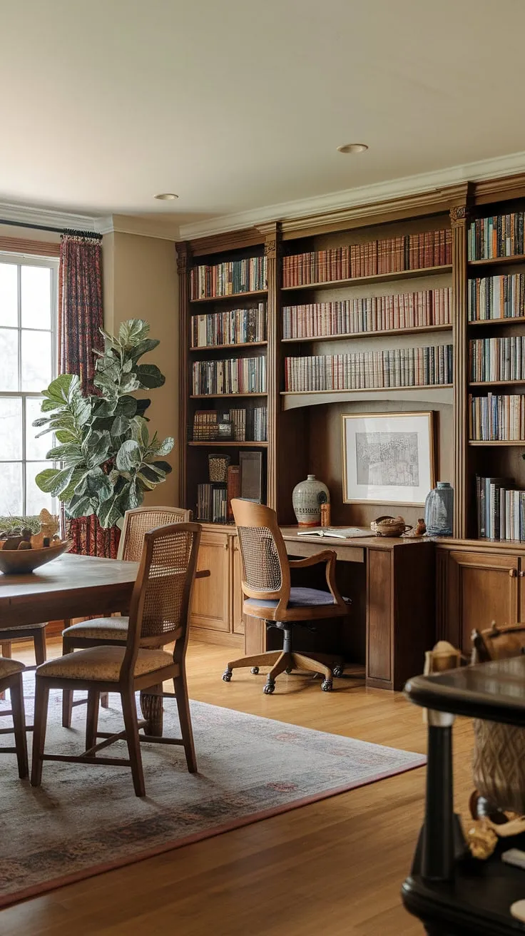 Work and dine in harmony. This home office dining room showcases a clever design solution, transforming a traditional home office into a functional and aesthetically pleasing office in dining room.