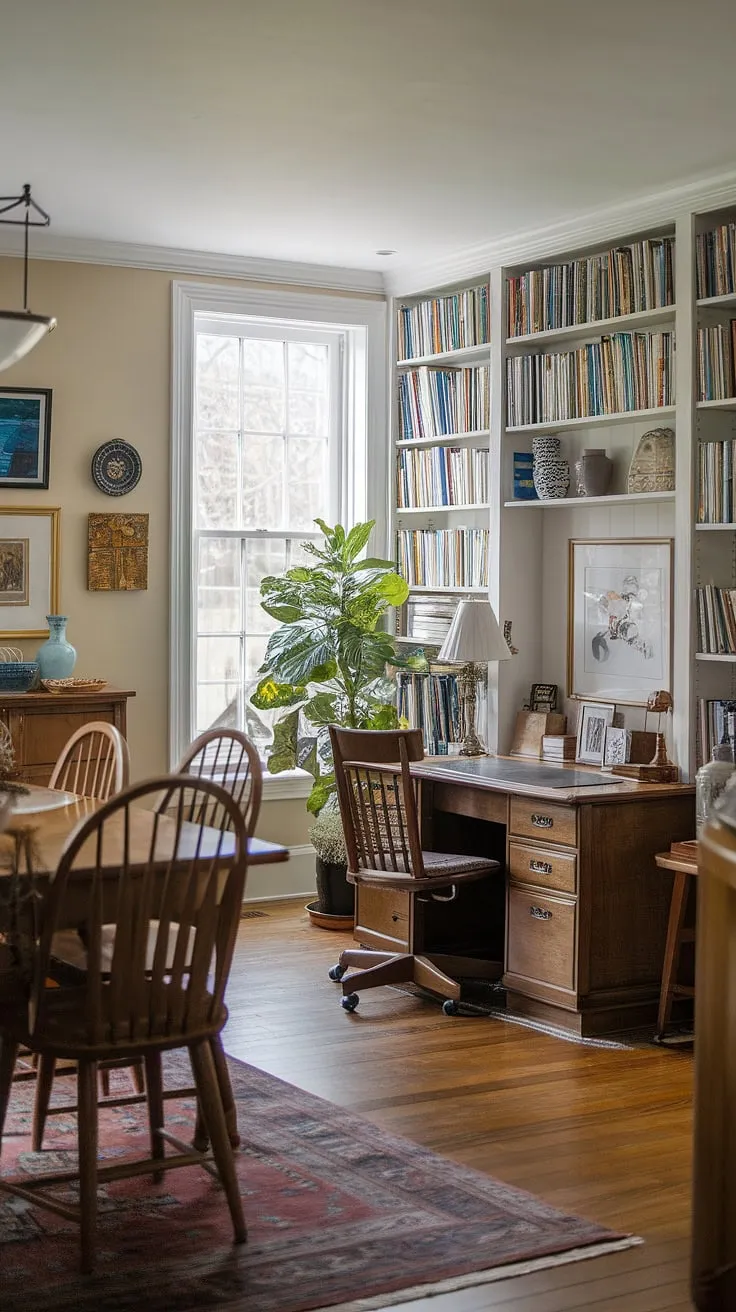 This charming dining room office combo showcases a beautifully designed traditional home office. The office in dining room is effortlessly integrated, with a dedicated workspace featuring a desk and chair positioned near natural light. A wooden dining table and chairs, along with a thoughtfully curated bookshelf and artwork, complete the stylish dining room and create a warm and productive home office space.