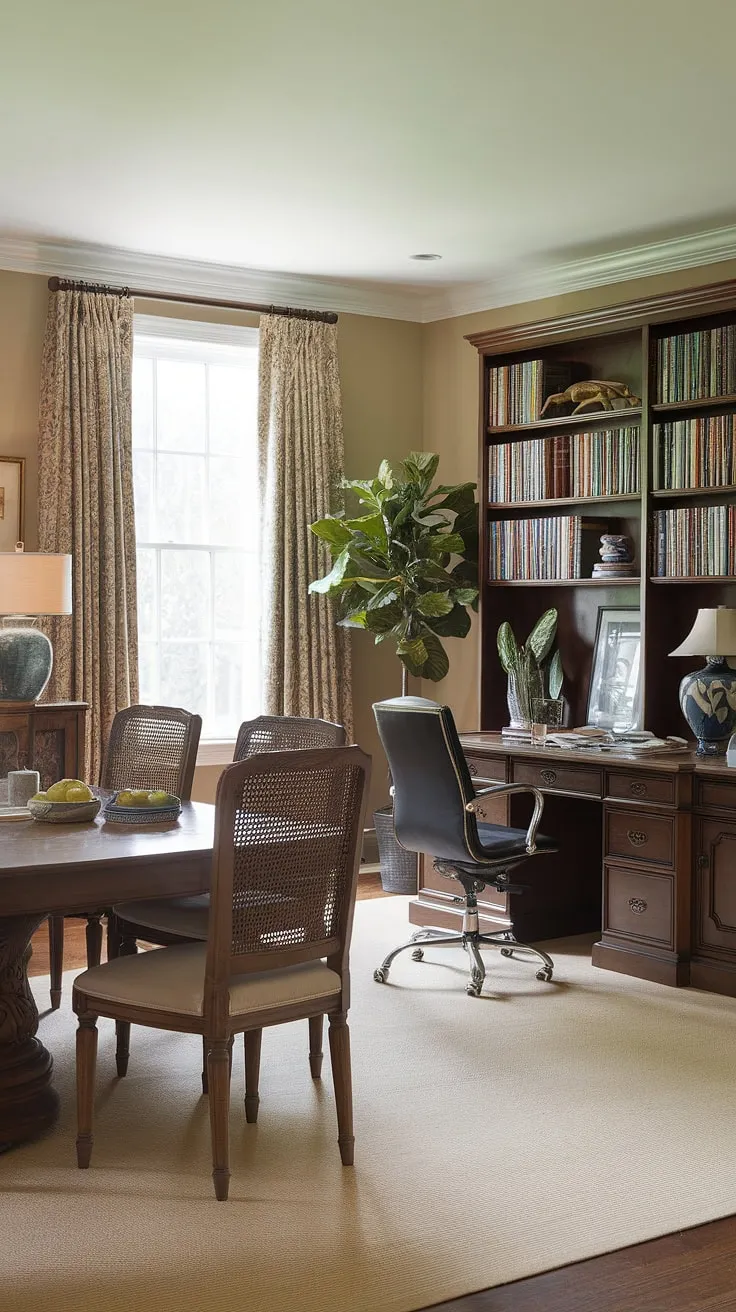 A beautifully appointed home office dining room showcases the perfect blend of functionality and design. This office in dining room setup demonstrates clever interior design office space planning, incorporating a traditional home office within a spacious and stylish dining room. The neutral color palette and thoughtful placement of furniture create a calming and productive atmosphere in this unique dining room office combo.
