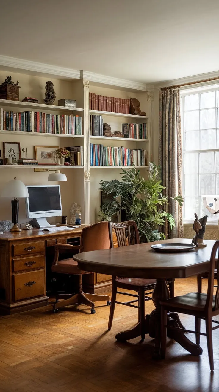 This stylish dining room seamlessly integrates a traditional home office, creating a functional and elegant dining room office combo. The interior design office space, tucked neatly against the wall, features a dedicated desk, a bookshelf brimming with books, and a touch of greenery, all complementing the warm wooden tones of the dining table and flooring.