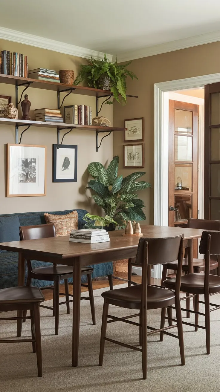 A home office dining room solution that's both practical and elegant. This office in dining room setup showcases a sophisticated interior design office space, with a large wooden table serving as the centerpiece. The neutral beige walls and comfortable seating create a welcoming atmosphere in this traditional home office, making it a truly stylish dining room.