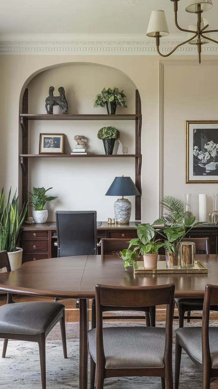 This stylish dining room seamlessly integrates a functional home office, creating a sophisticated dining room office combo. The traditional interior design is enhanced by the thoughtful placement of the office in dining room, showcasing a clever use of space and maintaining a refined aesthetic in this interior design office space.