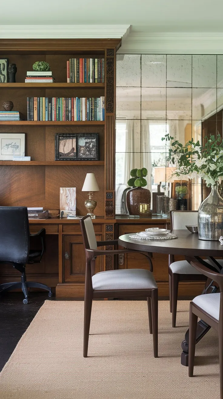 This stylish dining room seamlessly integrates a traditional home office, creating a sophisticated dining room office combo. The dark wood dining table and chairs are complemented by a built-in bookshelf, functioning as a dedicated office in dining room space, complete with books, a lamp, and a touch of greenery. The large mirror adds depth to this cleverly designed interior design office space.