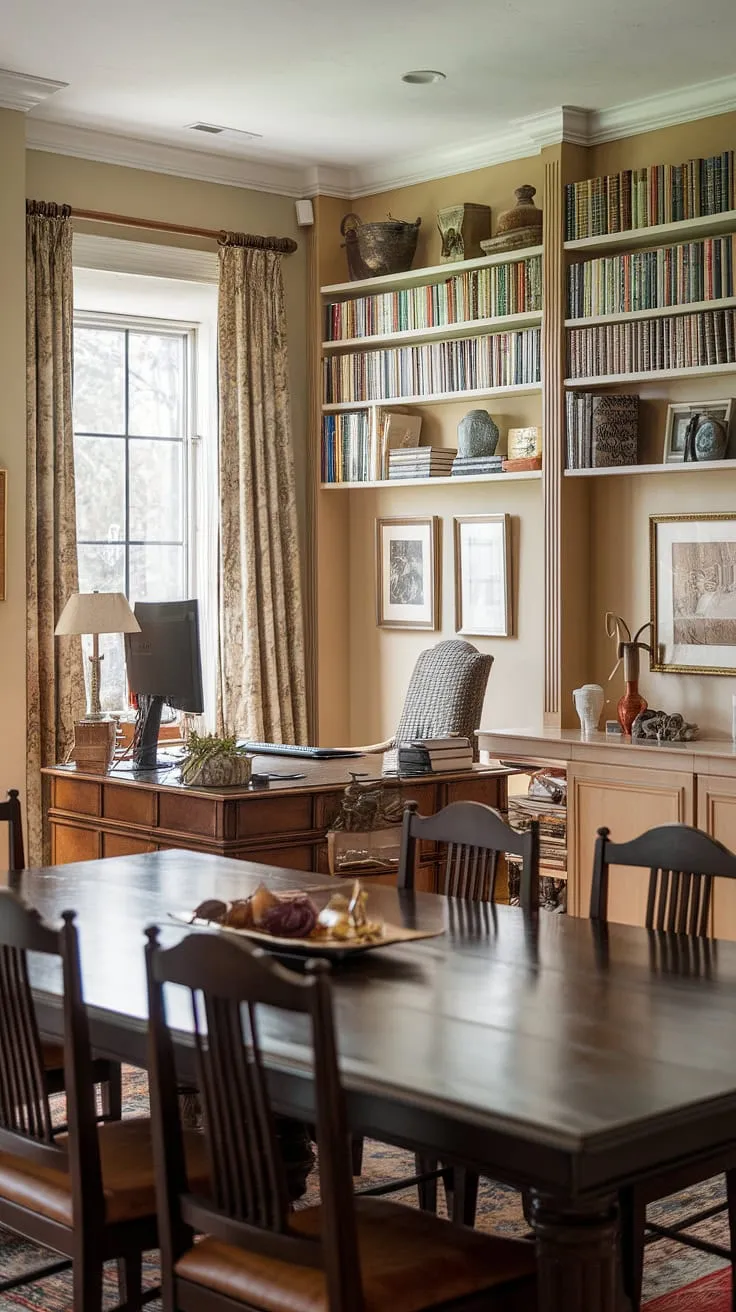 A home office dining room redefined. This office in dining room setup proves that a functional workspace can be both beautiful and inviting, showcasing the best of traditional home office design within a stylish dining room.