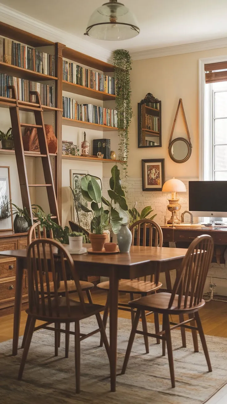 This home office dining room combo is the epitome of stylish dining room design. The office in dining room setup is seamlessly integrated, with a dedicated workspace featuring a computer and lamp complementing the traditional wooden dining table and chairs. A bookshelf, ladder, and carefully chosen decorative items complete the interior design office space, creating a comfortable and productive atmosphere in this traditional home office.