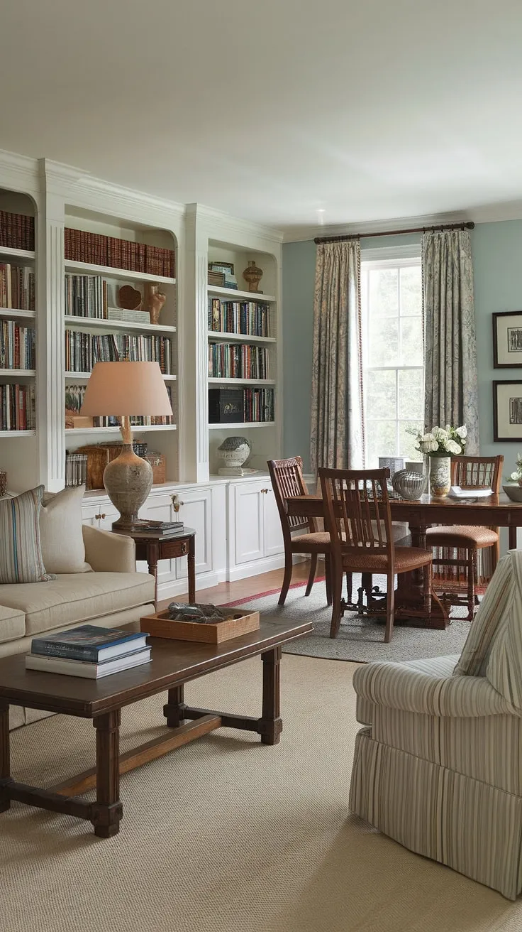 This charming home office dining room demonstrates the art of creating a multi-functional space. The office in dining room design features a traditional home office aesthetic, with built-in bookshelves and a cozy couch, effortlessly integrated into a stylish dining room. The light and airy interior design office space is both practical and aesthetically pleasing, making it the perfect blend of comfort and productivity.