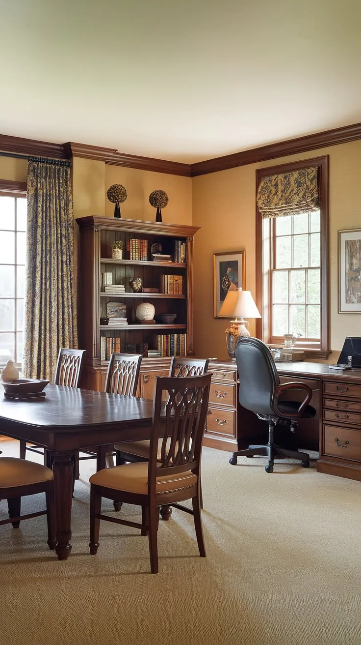 Blending work and warmth, this dining room office combo offers a stylish dining room and a functional, traditional home office space. The interior design office space seamlessly integrates the two, creating a unique and efficient home office in dining room.