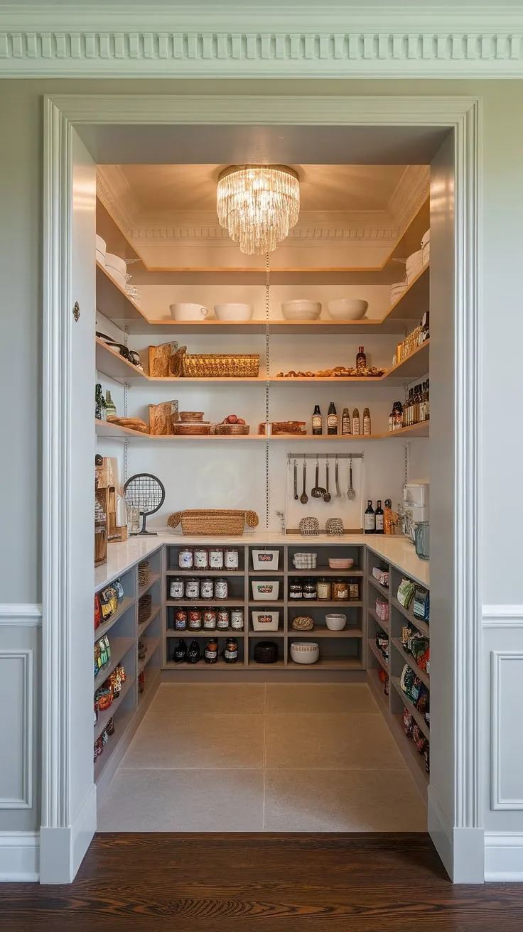 A dream come true for any home chef! This modern pantry boasts the best of both worlds: the charm of Victorian pantry ideas and the sleek functionality of a contemporary design. The butler's pantry acts as a beautiful prelude to the expansive walk-in pantry, a testament to elegant pantry ideas and smart food pantry design. Every detail, from the crown molding to the chandelier, contributes to the overall luxurious feel, making it the ultimate kitchen pantry inspiration for a full pantry design.