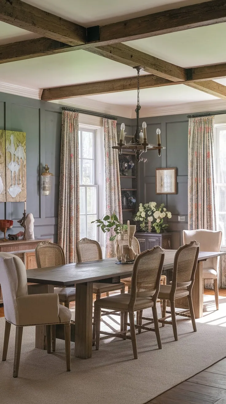 Rustic charm meets modern elegance in this dining room wainscoting masterpiece. The blend of southern, Victorian, French country, and farmhouse styles creates a truly unique and inviting space, complete with exposed beams and a long, welcoming table.