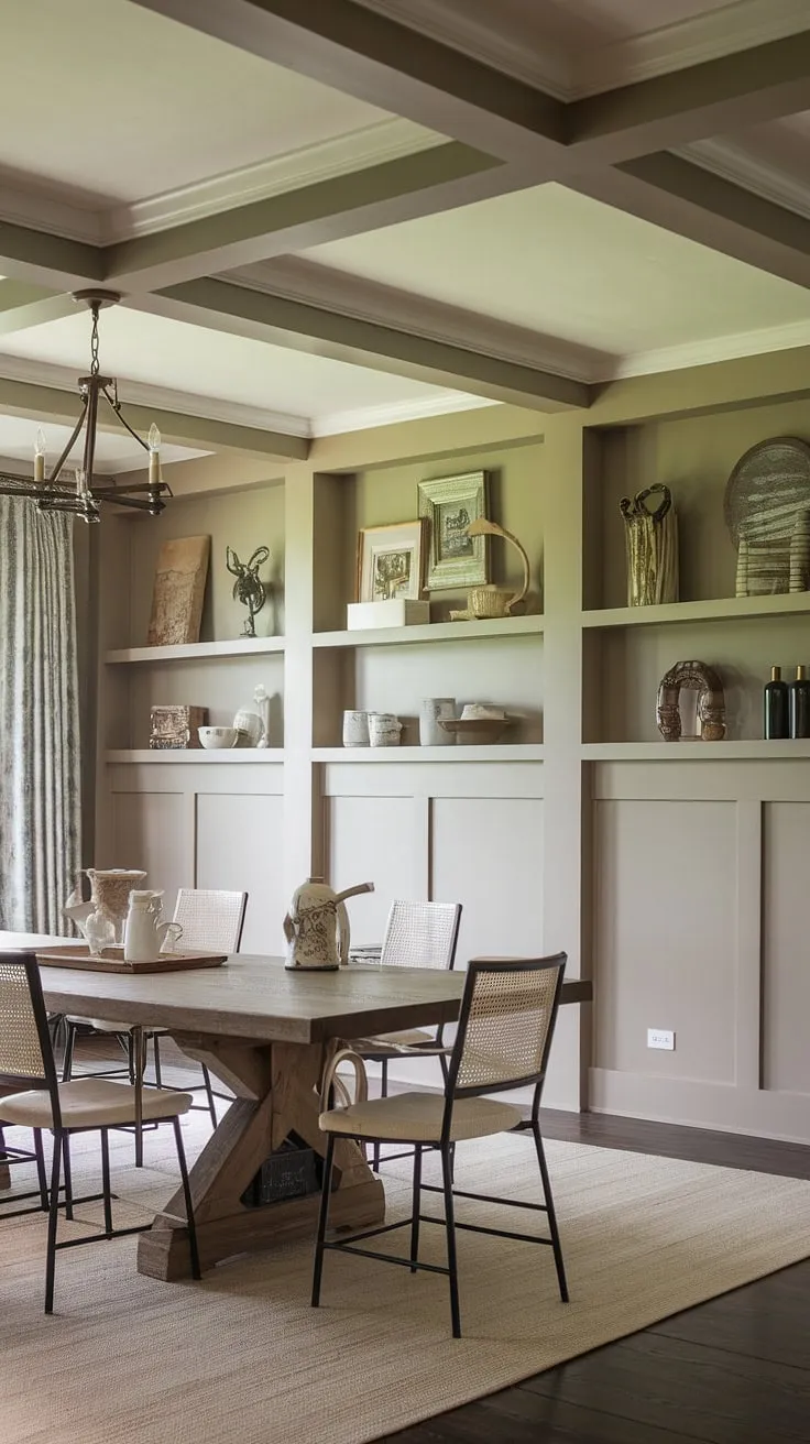A captivating blend of styles defines this rustic dining room. The exposed beams and elegant wainscoting create a foundation of Southern and Victorian dining room character, while the modern dining room decor and carefully chosen accents evoke the charm of a French country dining room, even hinting at a French farmhouse dining room aesthetic. The result is a truly unique space where the dining room decor beautifully balances rustic warmth with refined sophistication.