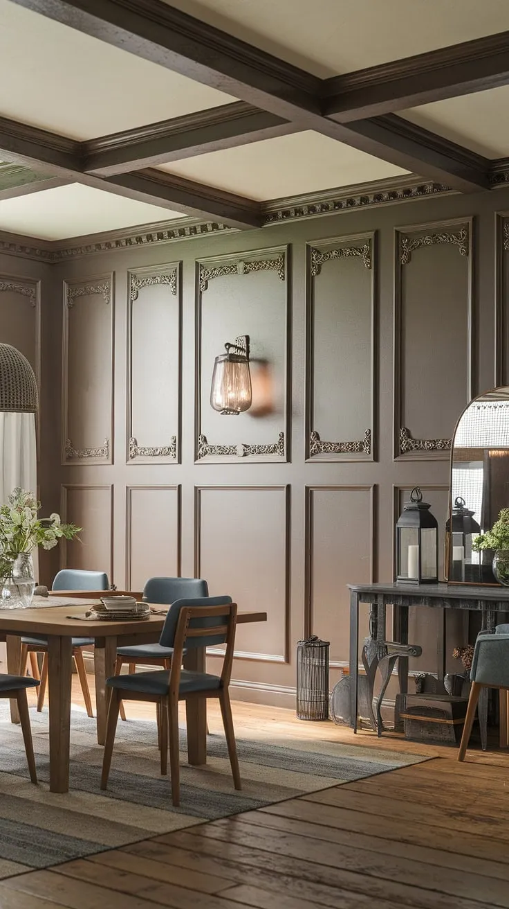 Rustic charm meets modern elegance in this dining room wainscoting masterpiece. The blend of southern and Victorian styles, accented by French country decor, creates a truly unique and inviting space.