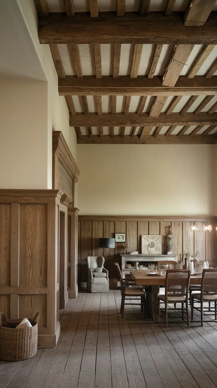 This dining room with beams showcases the beauty of dining room wainscoting, transforming a simple space into a breathtaking rustic dining room. Elements of Victorian, French cottage, and French farmhouse styles combine to create a modern dining room decor that's both inviting and sophisticated.