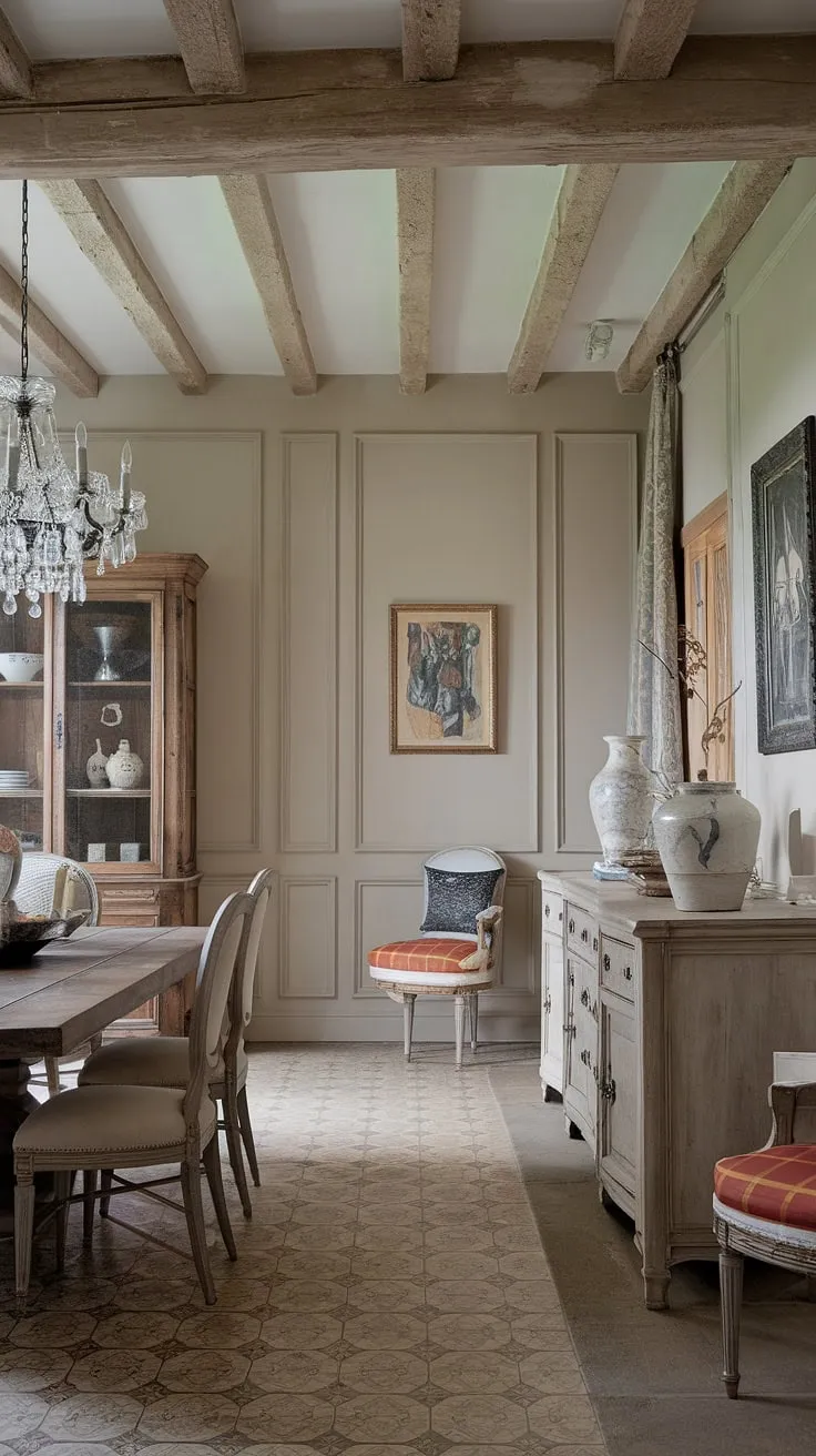 Rustic charm meets modern elegance in this French country dining room. The dining room wainscoting and exposed beams create a warm, inviting atmosphere, perfectly complemented by the dining room decor.