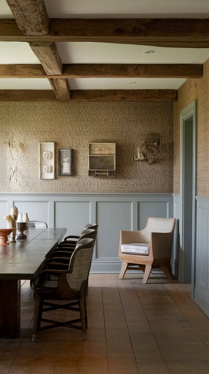 This rustic dining room, a blend of modern and traditional styles, showcases elegant wainscoting and exposed beams, creating a charming atmosphere. The patterned wall fabric adds a touch of Victorian flair, while the long wooden table and chairs suggest gatherings filled with warmth and laughter. Hints of French country and French farmhouse dining room styles are subtly woven throughout the decor, resulting in a space that feels both Southern and inviting.