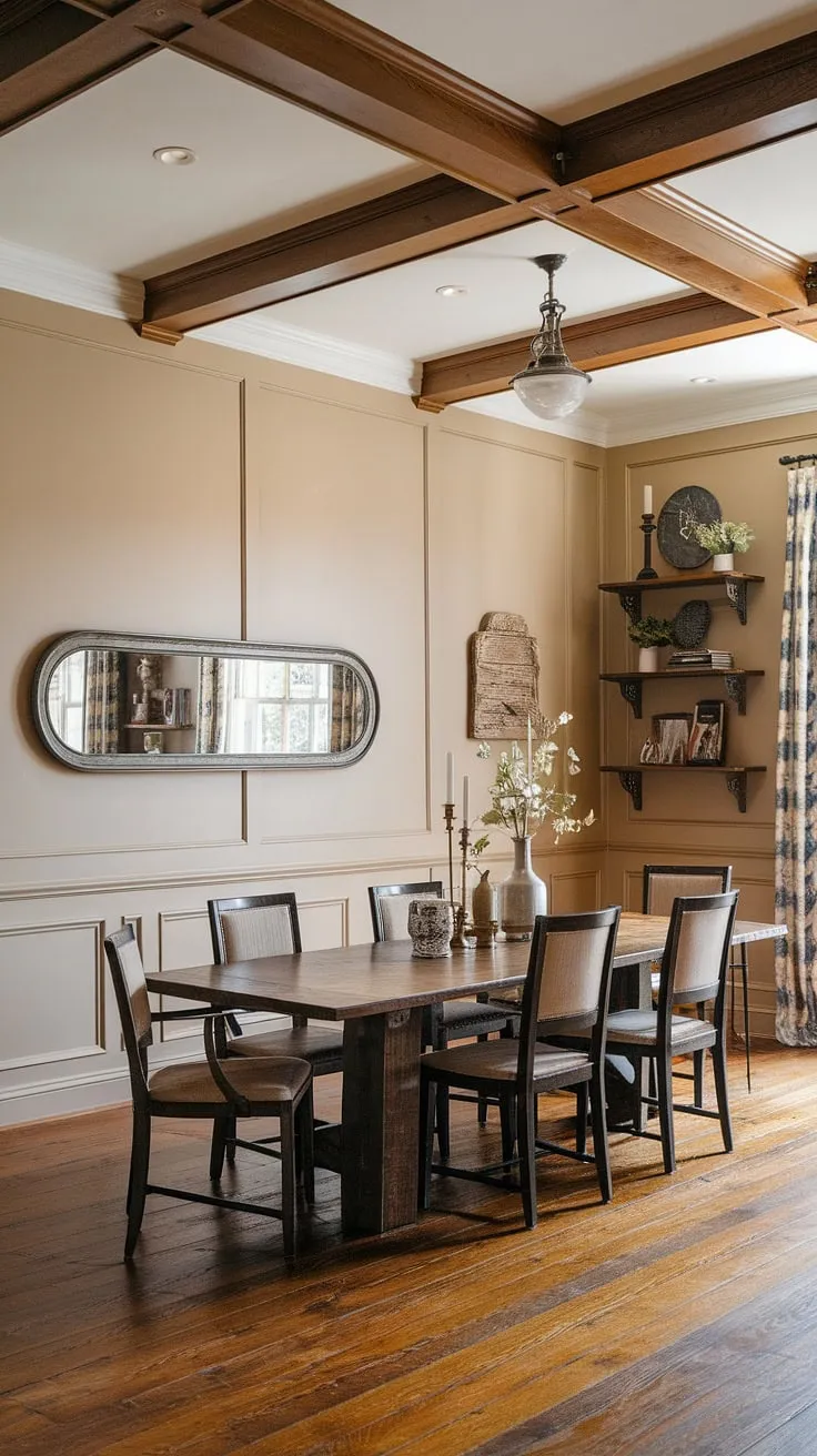 This stunning dining room seamlessly blends rustic charm with modern elegance. The high ceiling with exposed wooden beams, complemented by beige walls adorned with tasteful wainscoting, creates a sophisticated backdrop. A large, rustic wooden dining table anchors the space, while the long mirror above adds a touch of Victorian flair. Elements of French country and farmhouse style are subtly woven throughout the dining room decor, creating a warm and inviting southern dining room with a unique French cottage and French farmhouse dining room feel. This rustic dining room is the perfect example of modern dining room decor.