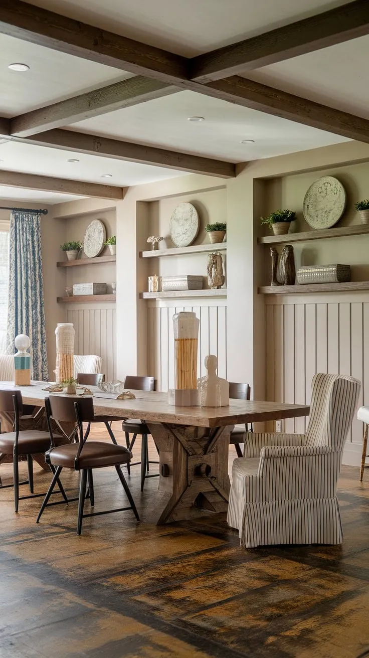 A stunning example of a modern dining room decor with a distinctly rustic feel. This southern dining room boasts beautiful exposed beams and charming wainscoting, creating a backdrop for a large wooden dining table and comfortable chairs. The overall aesthetic is a delightful mix of French country dining room style and Victorian influences, resulting in a space that is both elegant and welcoming. The carefully curated dining room decor and the rustic flooring complete the look of this charming french country dining room, or perhaps even a french farmhouse dining room.