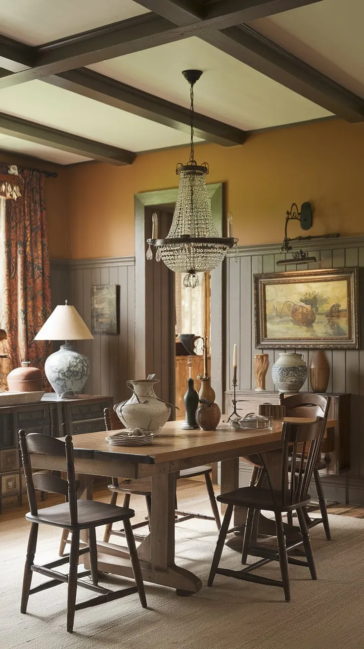 Warm, honey-toned light spills across this rustic dining room, its beamed ceiling and wainscoting hinting at a blend of Southern and Victorian charm. The modern dining room decor, featuring a simple wooden table and chairs, feels effortlessly elegant against the backdrop of the rich, textured walls. Elements of French country and French cottage styles are subtly woven throughout the dining room decor, creating a space that's both inviting and sophisticated—a true French farmhouse dining room with a touch of old-world grace.