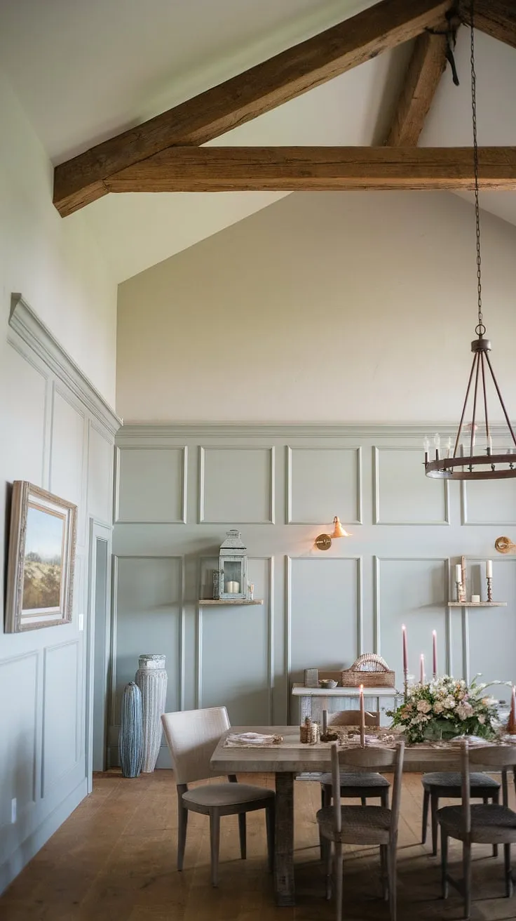 This dining room with beams showcases the beauty of dining room wainscoting, transforming the space into a rustic dining room with a touch of modern dining room decor. Hints of french cottage dining room and french farmhouse dining room styles add to its captivating allure.