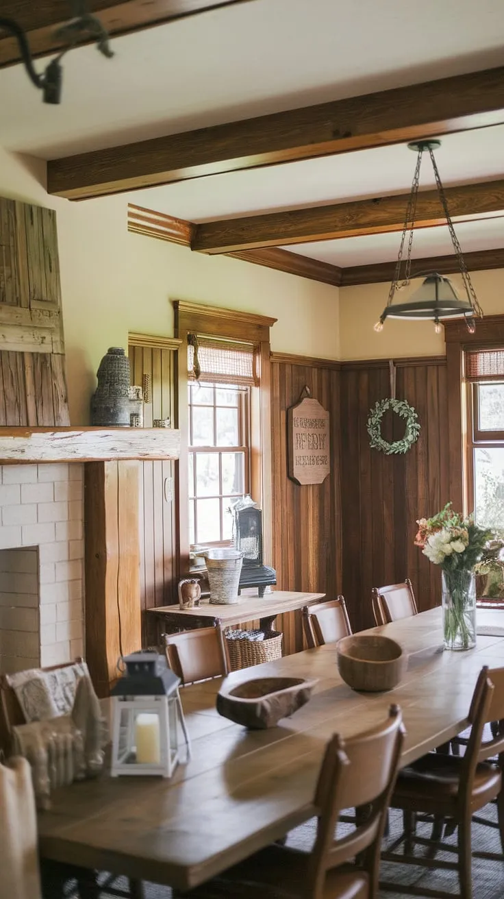 This dining room with beams showcases the beauty of dining room wainscoting, transforming the space into a rustic dining room haven. The modern dining room decor complements the French farmhouse dining room aesthetic, creating a sophisticated yet cozy atmosphere perfect for gatherings.