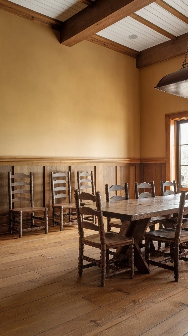 This dining room with beams showcases the beauty of dining room wainscoting, transforming the space into a rustic dining room haven. The warm beige walls and distressed chairs add to the French cottage dining room feel, while the modern dining room decor elements create a balanced and inviting atmosphere.