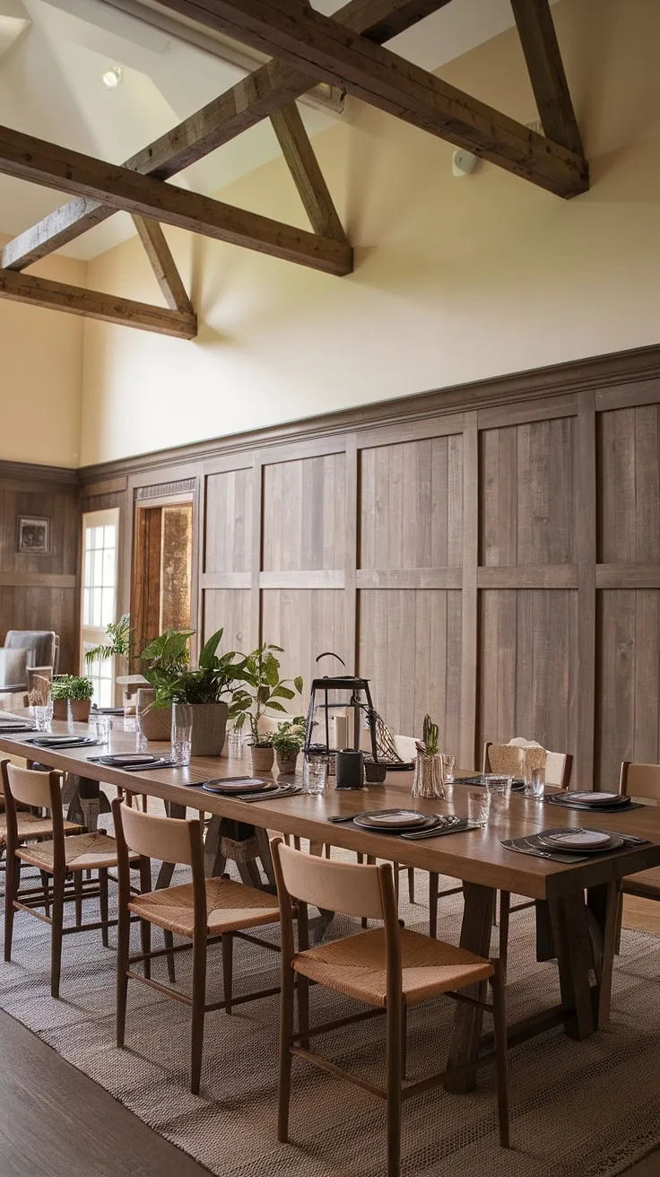 This dining room with beams showcases the beauty of dining room wainscoting, transforming a simple rustic dining room into a sophisticated yet inviting space. The modern dining room decor subtly hints at French cottage influences, creating a warm and welcoming atmosphere perfect for gatherings.