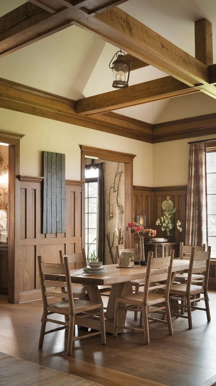 This dining room with beams showcases the beauty of dining room wainscoting, creating a warm and inviting rustic dining room. The modern dining room decor subtly hints at french cottage dining room and french farmhouse dining room styles, resulting in a sophisticated yet comfortable atmosphere.